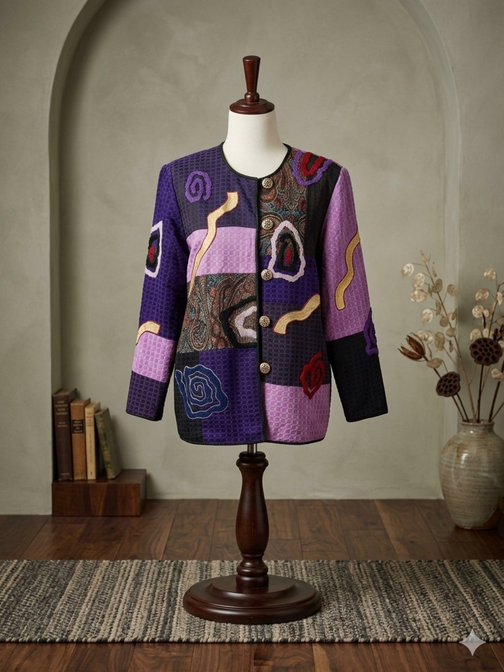 Allure Multicolor Patchwork Purple & Black Button Blazer